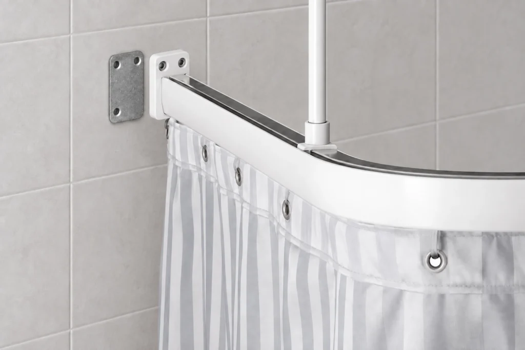 Leijma draperistång med limmad adapter på kaklad badrumsvägg