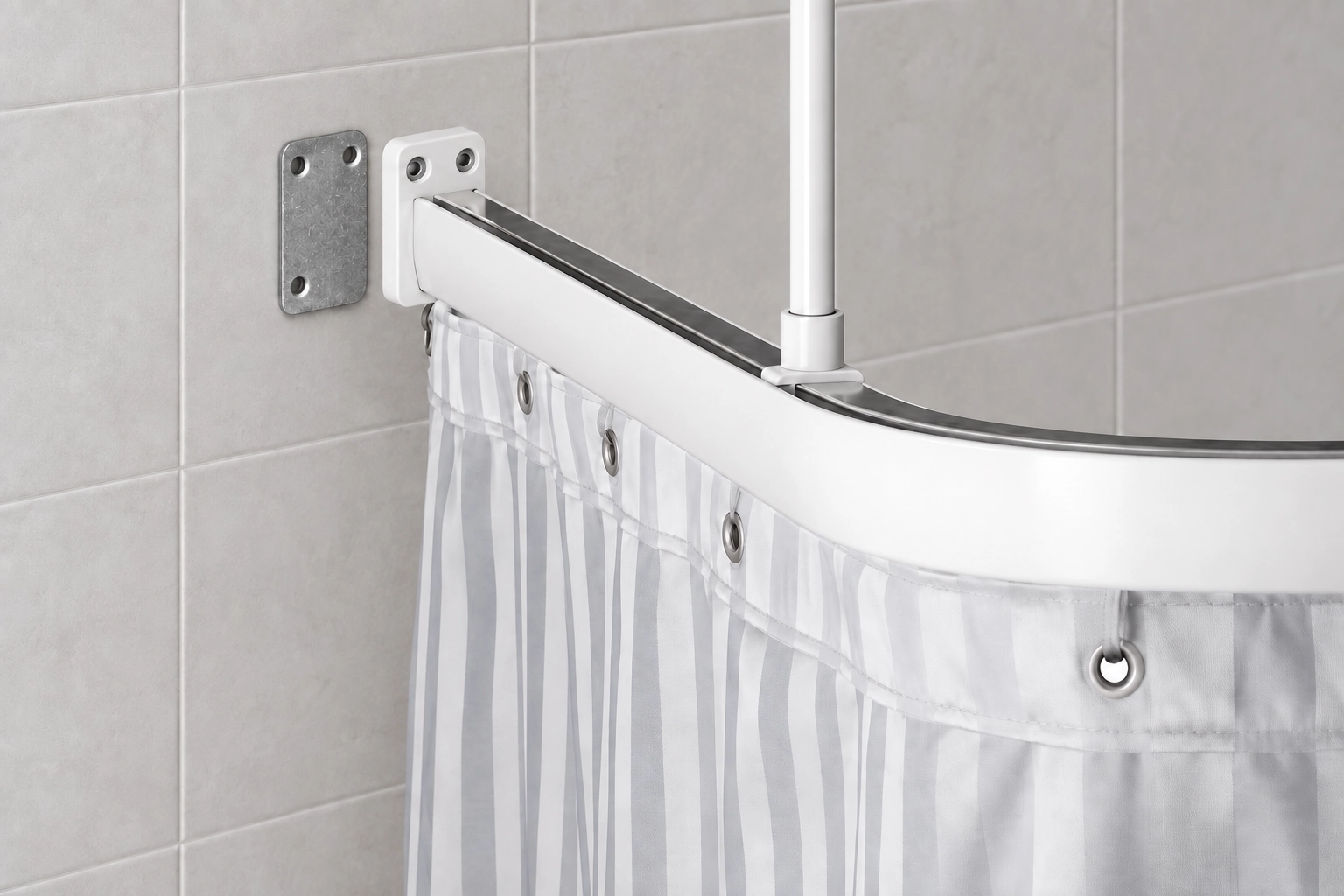 Leijma draperistång med limmad adapter på kaklad badrumsvägg