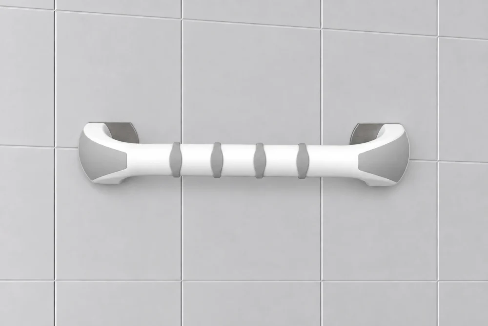 Etac Handy stödhandtag 30 cm monterat med limmad adapter på kaklad badrumsvägg
