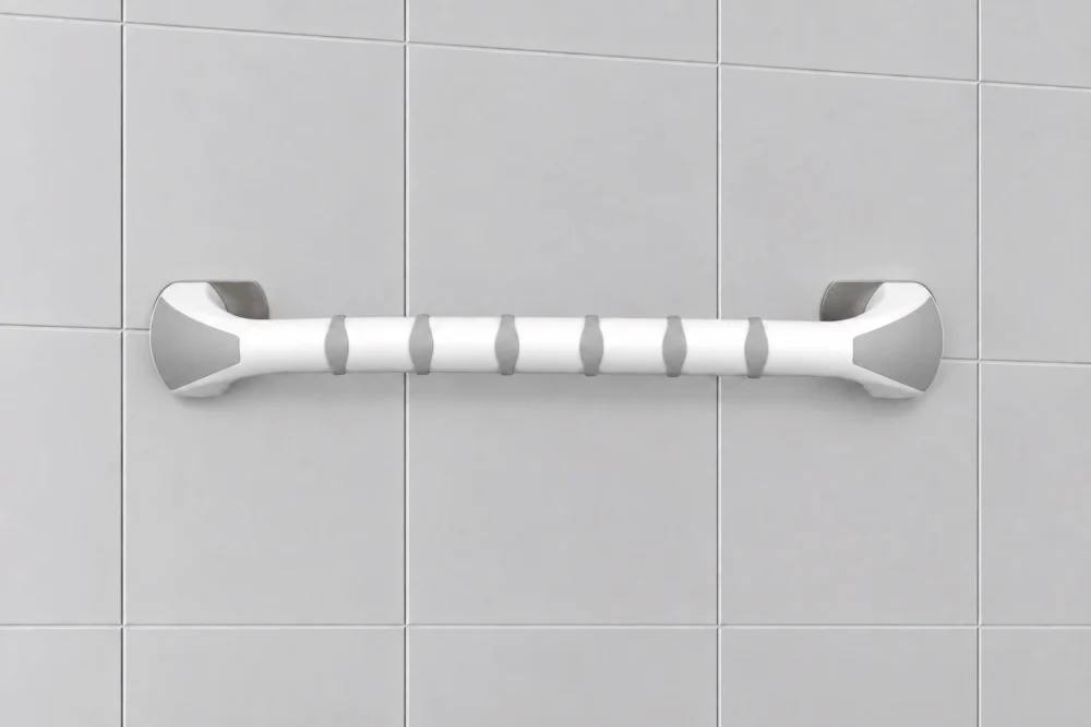 Etac Handy stödhandtag 40 cm monterat med limmad adapter på kaklad badrumsvägg