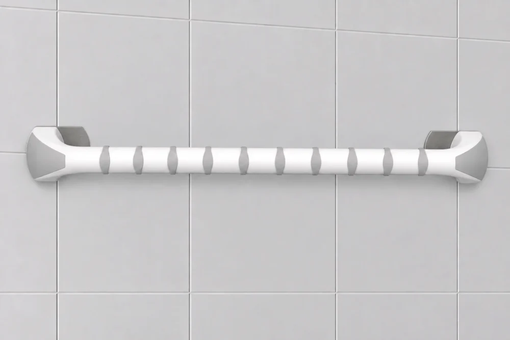 Etac Handy stödhandtag 60 cm monterat med limmad adapter på kaklad badrumsvägg