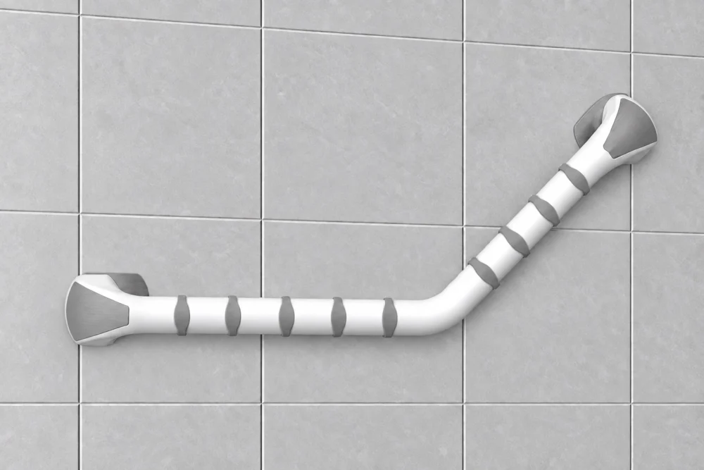 Etac Handy vinklat stödhandtag 40 cm monterat med limmad adapter på kaklad badrumsvägg