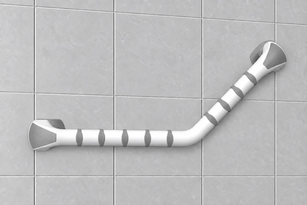 Etac Handy vinklat stödhandtag 40 cm monterat med limmad adapter på kaklad badrumsvägg