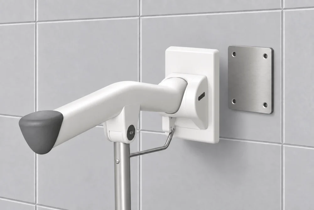 Etac Rex toalettarmstöd med stödben och limmad adapter på kaklad badrumsvägg