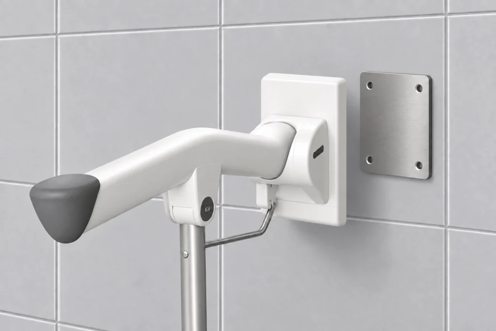 Etac Rex toalettarmstöd med stödben och limmad adapter på kaklad badrumsvägg