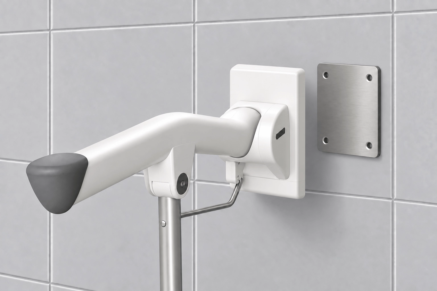 Etac Rex toalettarmstöd med stödben och limmad adapter på kaklad badrumsvägg
