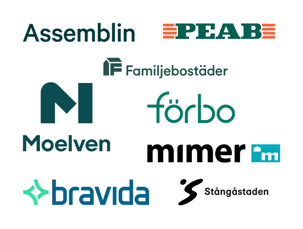 Kundlogotyper för Assemblin, Peab, Familjebostäder, Moelven, Förbo, Mimer, Bravida och Stångåstaden.