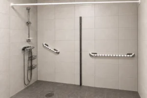Kaklad duschplats med stödhandtag Etac Handy, duschstång, blandare, duschkorgar och duschdraperi.